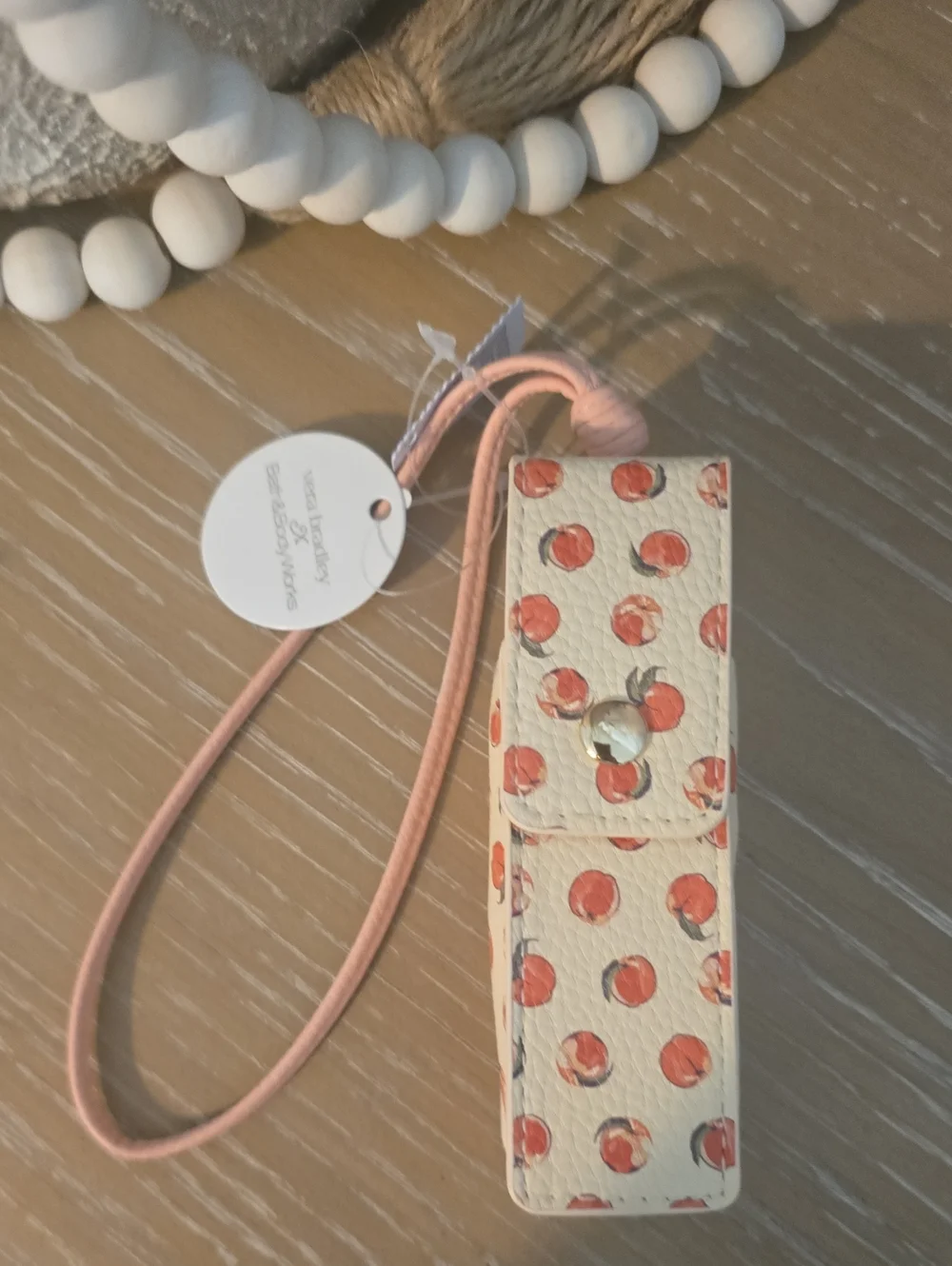 Vera Bradley Peach Print Lip Balm Case with Pink Strap